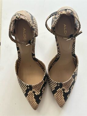 ALDO Nicholes block heel pumps, snakeskin print and an ankle strap size 7